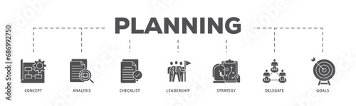 Planning infographic icon flow process which consists of concept, analysis, checklist, leadership, strategy, delegate and goals icon live stroke and easy to edit 