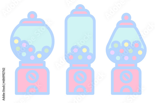 Gumball machine icon set. Retro vending dispenser for candies and bubblegums. Sweets slot vector illustration isolated on white background