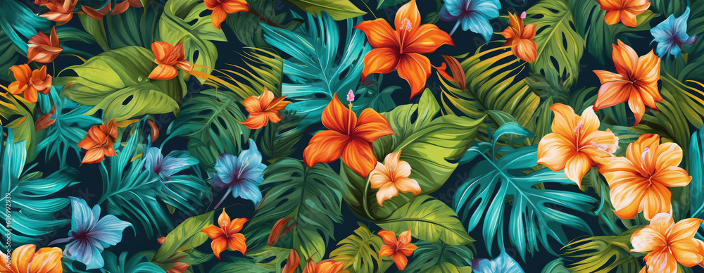 Tropical exotic pattern with animal and flowers in bright colors and lush vegetation. Ai Generative. - obrazy, fototapety, plakaty 