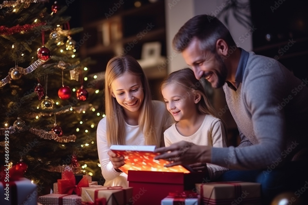 family sitting by the christmas tree with bengal lights family sitting by the christmas tree with bengal lights