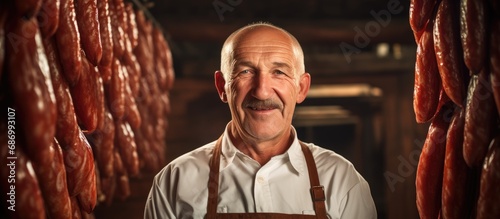 Sausages hanging in row. Man in smokehouse with sausages, looking at camera. Elderly man in white uniform, smiling, posing. photo