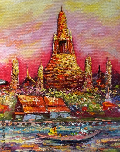 Original painting Oil color thai temple wat arun , Siam Land of Smiles 