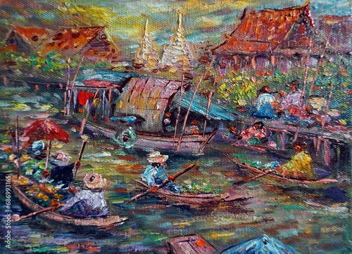 Original art painting Oil color Floating market Thailand countryside  © Kwang Gallery