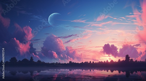 A gradient of pink and blue hues in the sky during the "magic hour," with the sun setting and the moon rising, casting a dreamy atmosphere.