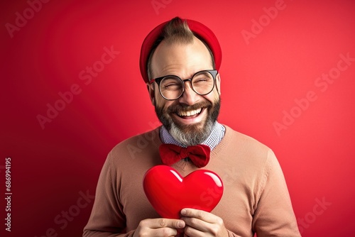 Portrait of a happy man with a red heart on Valentine's day concept.