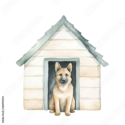 Watercolor illustration of German shepherd dog house isolated on background.