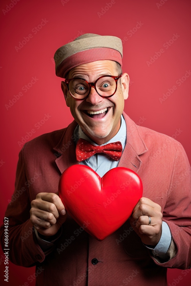 Portrait of a happy  man with a red heart  on Valentine's day concept.