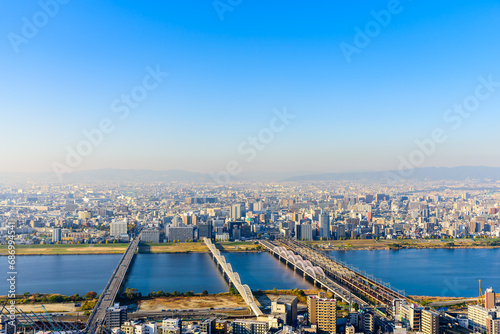 Yodo river with Osaka city view, Osaka province Japan. © torjrtrx