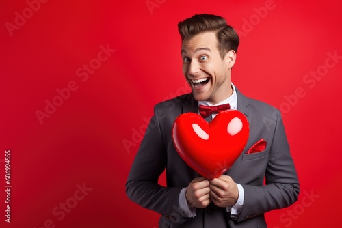 Portrait of a happy  man with a red heart  on Valentine's day concept. © Rudsaphon