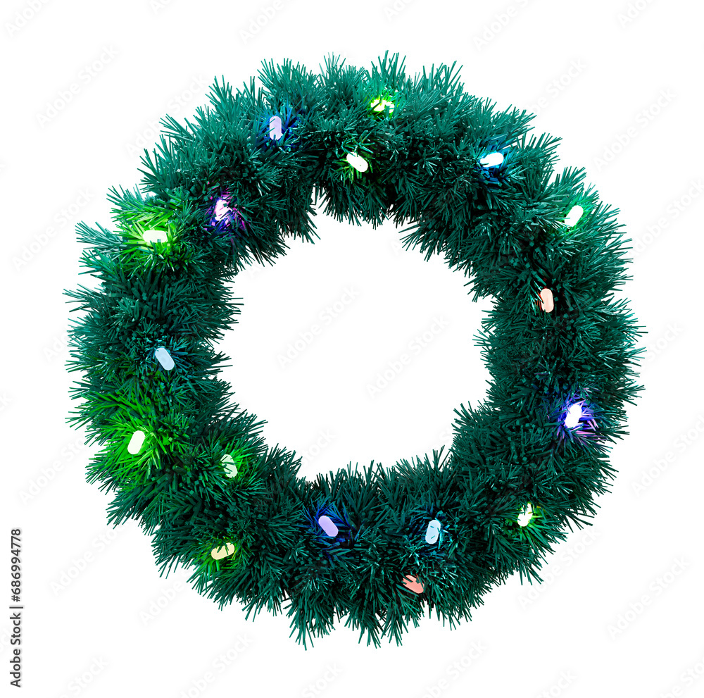 Wreath with colorful decoration lights on it