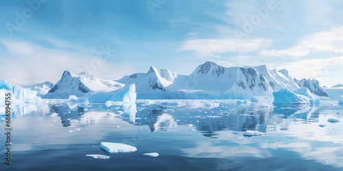Antarctic landscape with icebergs and snow-capped mountains  Blue Ice covered mountains in south polar ocean. Winter Antarctic landscape World Glacial Image