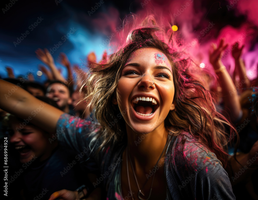 Joyful young woman smiling with colorful powder paint at a vibrant music festival among a happy crowd.