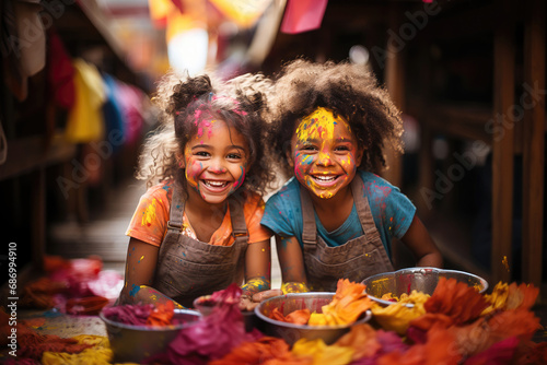 Two joyful children playing with colorful powder during a traditional Holi festival celebration, smiling and having fun.