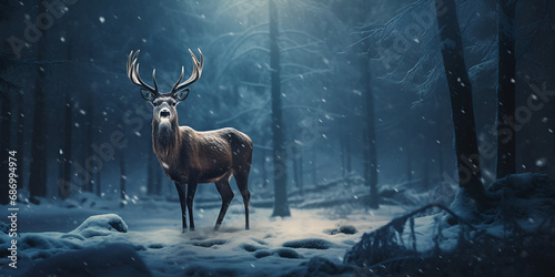 Deer In Forest With Snow,There is a deer with a lot of antlers in the woods,An awe-inspiring wall art mural depicting a vast and breathtaking mountain landscape, capturing the majestic beauty of natur © Bubble