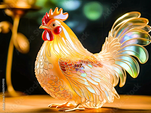 Original AI image of a side view of a chicken in its original form on a farm in daytime.