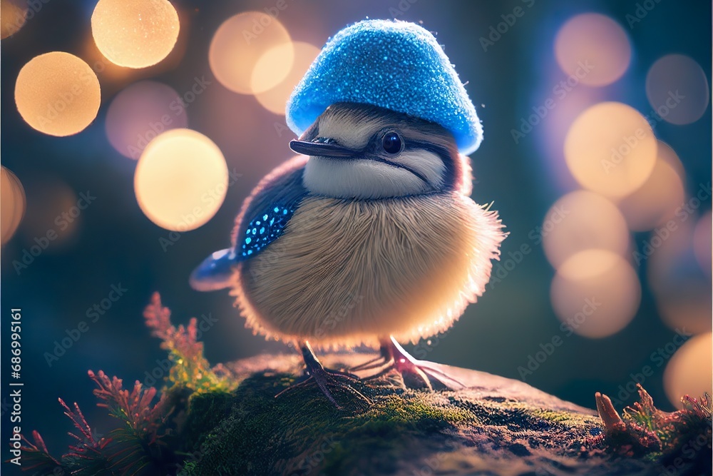 Obraz premium bird on a stone with blue hat and blur light effect bg