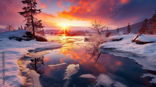 Beautiful Winter Landscape with River at Sunset