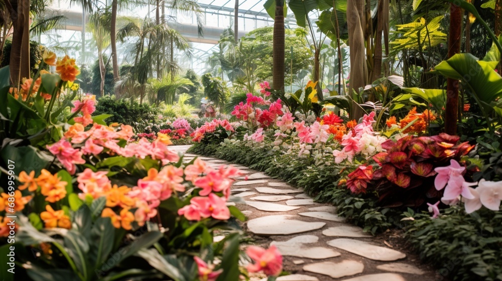 A lush botanical garden filled with diverse and colorful flowers, each petal and leaf a testimony to nature's beauty.