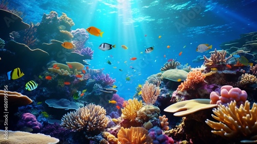 Sunshine on a coral reef and tropical fish. Aquarium in Singapore