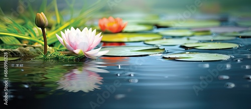 serene beauty of nature  beside a peaceful lake  a colorful pond flourishes with lush green plants  vibrant flowers  and a graceful lily floating on the waters surface.