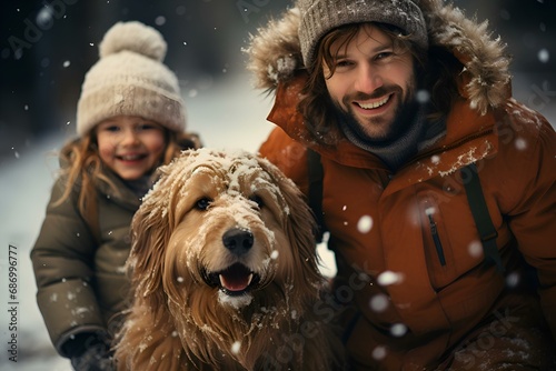 Happy family with a dog having fun on a snowy street and smiling joyfully: family day, new year and christmas holidays. Generation Ai