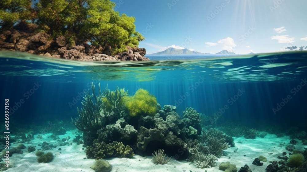 Split View Of Tropical Island And Coral Reef With Waterline