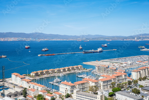Aerial view of Gibraltar, Algeciras Bay and La Linea de la Concepcion from the Upper Rock. View on coastal city from above.