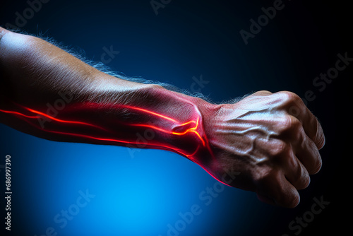 Joint pain, hands. Male hand with red highlighted areas and neon background.