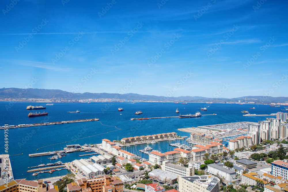 Aerial view of Gibraltar, Algeciras Bay and La Linea de la Concepcion from the Upper Rock. View on coastal city from above.