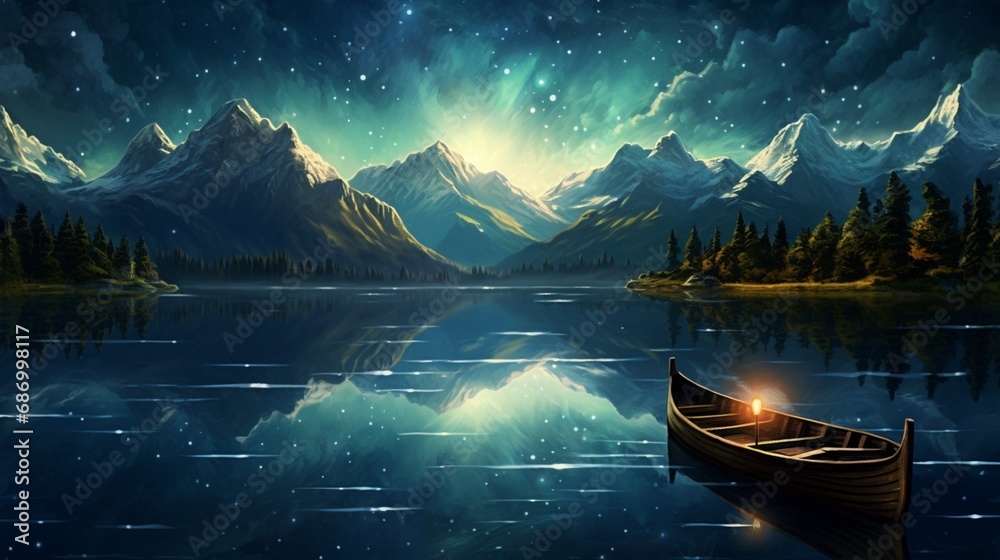 a mountain lake, where a wooden rowboat, adorned with lanterns, floats on the mirrored surface, reflecting the starry night sky above.