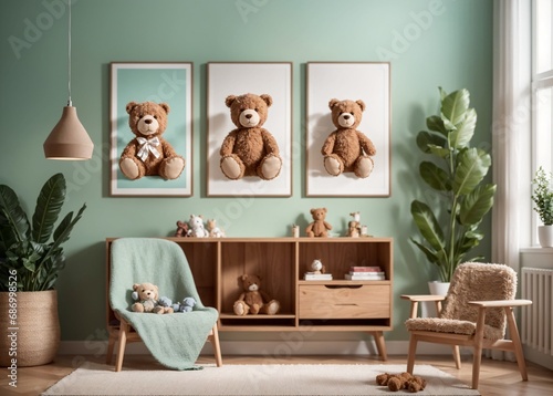 serene and adorable nursery with teddy bear wall art and wooden furniture