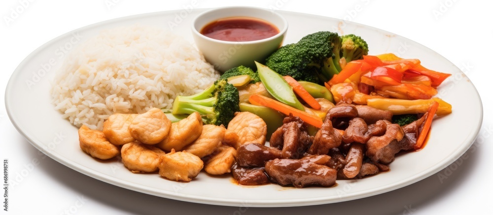 On a clean white background, a plate of healthy Chinese breakfast is prominently displayed, with white rice, red meat, and assorted vegetables and seafood, providing a nutritious Asian meal. On a clean white background, a plate of healthy Chinese breakfast is prominently displayed, with white rice, red meat, and assorted vegetables and seafood, providing a nutritious Asian meal.