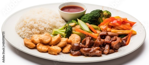 On a clean white background, a plate of healthy Chinese breakfast is prominently displayed, with white rice, red meat, and assorted vegetables and seafood, providing a nutritious Asian meal.