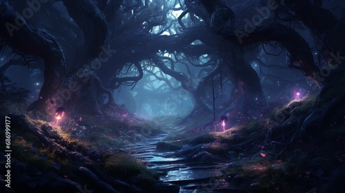 a mystical, enchanted forest where trees are adorned with luminescent, neon foliage, illuminating the dark forest floor.