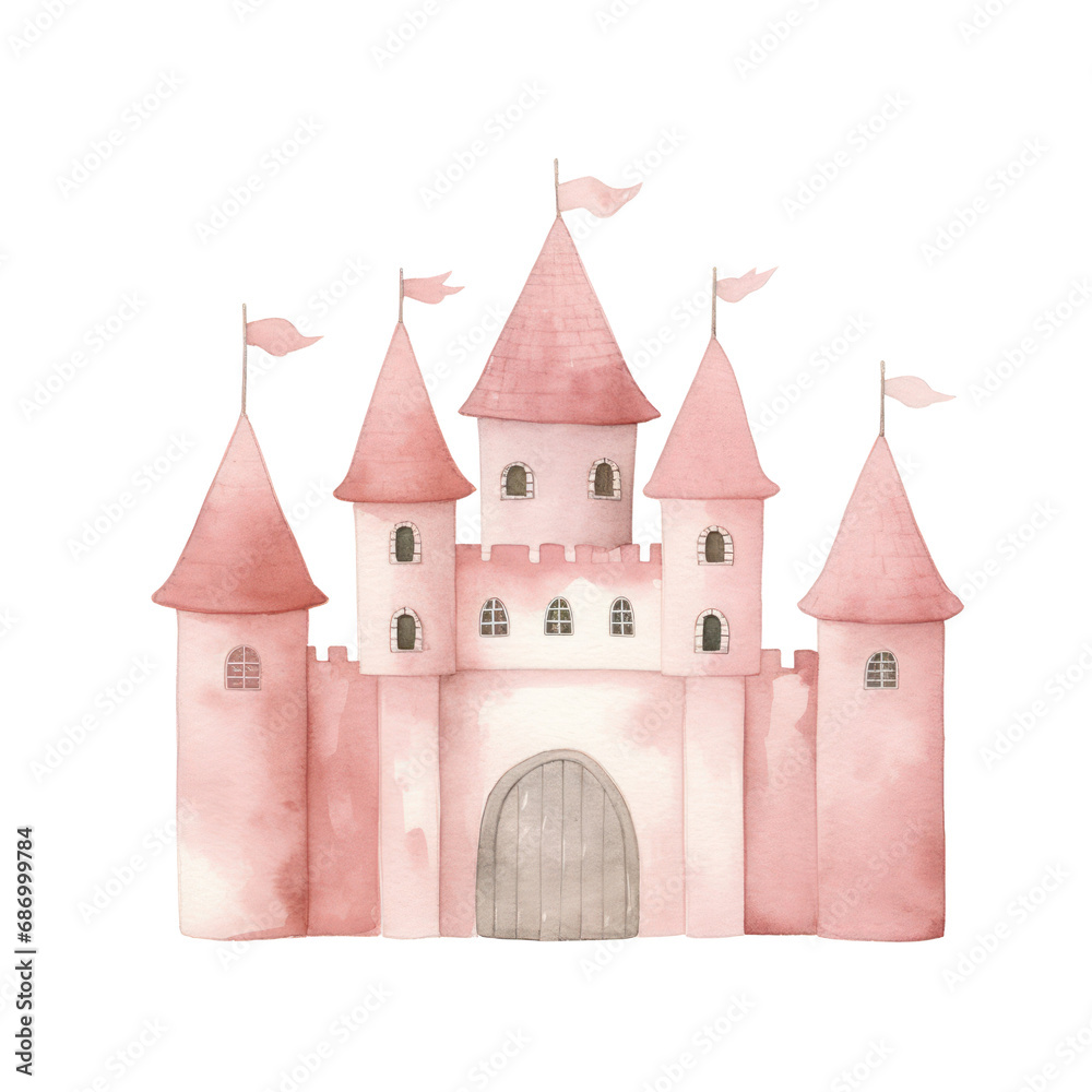 Watercolor illustration of pink castle isolated on background. Nursery art clipart.
