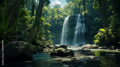 The striking natural splendor of Asia. A tropical waterfall cascades into a secluded pond after passing through a thick jungle forest