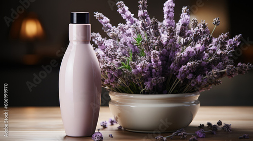 Bottle of body lotion and bunch of lavender flowers © Алина Бузунова