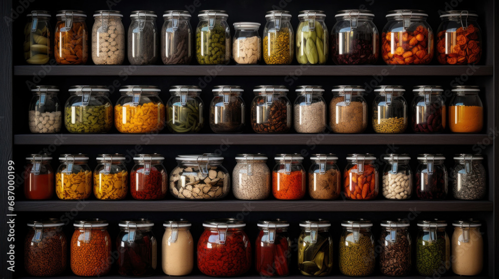 Jars with different kinds of spices and herbs on shelves in pantry
