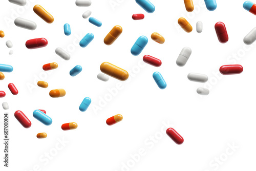 many medical capsules in the air on transparent background