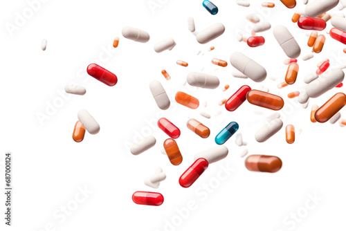many medical capsules in the air on transparent background