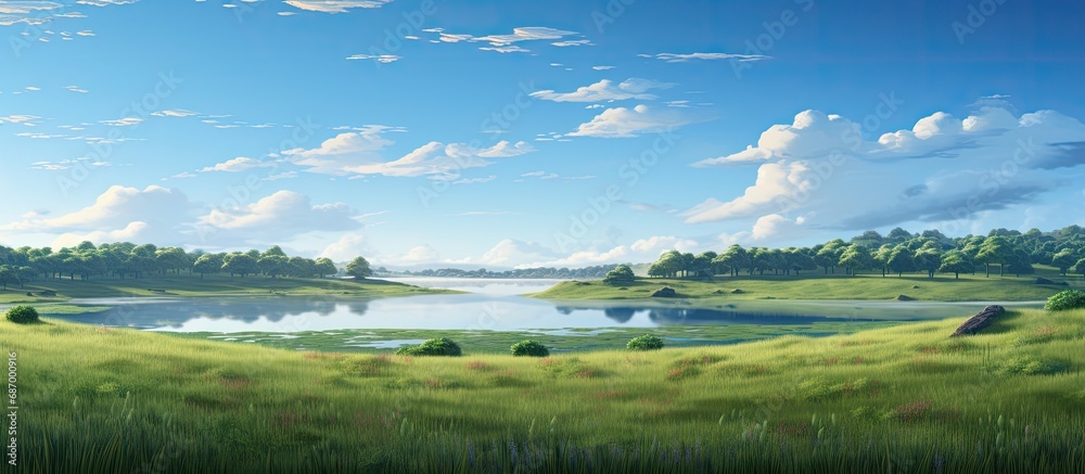 Grassy plains surround peaceful waters.
