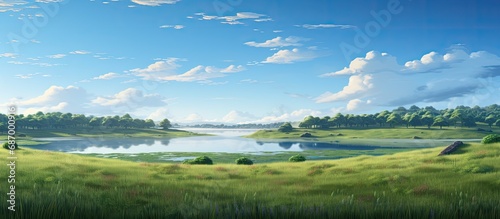 Grassy plains surround peaceful waters.