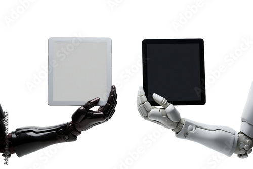 robot hands hold tablet on transparent background photo
