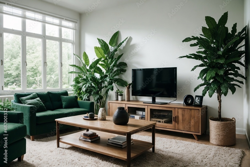 Fototapeta premium A large living room interior design, contemporary style with large windows in an eco-friendly environment. 