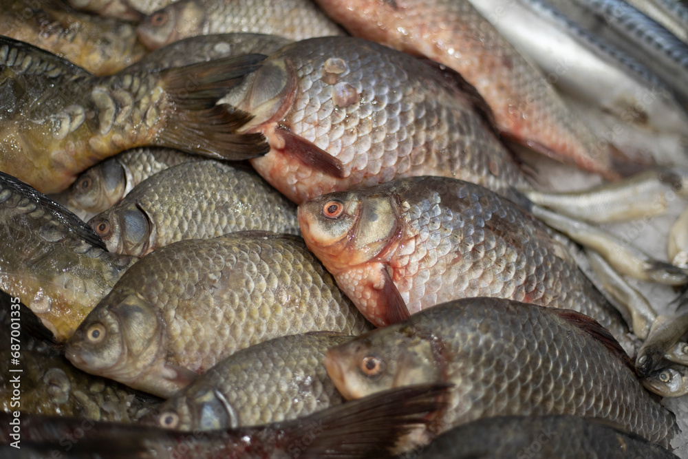 Fish on the counter. Sale of fish. Silvery scales. Fish on the counter. Sale of fish. Silvery scales.