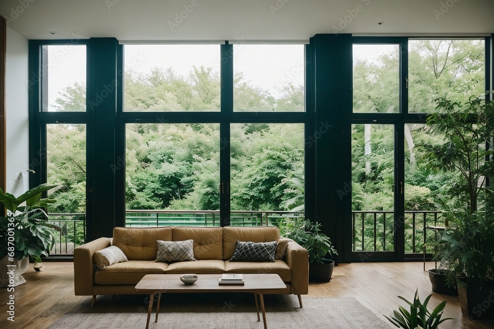 Fototapeta premium A large living room interior design, contemporary style with large windows in an eco-friendly environment. 