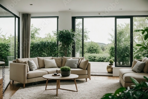 A large living room interior design  contemporary style with large windows in an eco-friendly environment. 