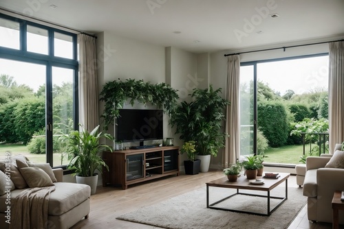 A large living room interior design, contemporary style with large windows in an eco-friendly environment.  © PNG&Background Image