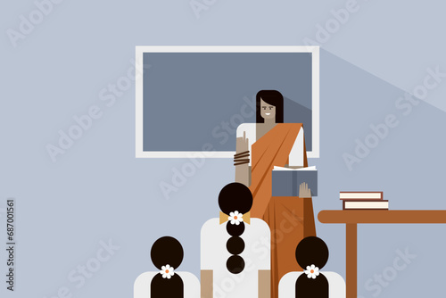 Illustration of an Indian teacher and students in a class room