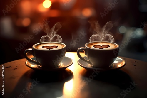 Dual Elixir Delight  Two Cups Of Steaming Hot Cappuccino  A Shared Symphony Of Aromas